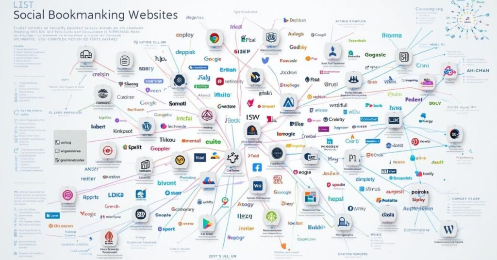An infographic displaying a comprehensive Social Bookmarking Sites List for 2026, featuring a network of icons like Google, Pinterest, Reddit, and WordPress connected by nodes to represent a web of digital backlinks and social sharing platforms. Title