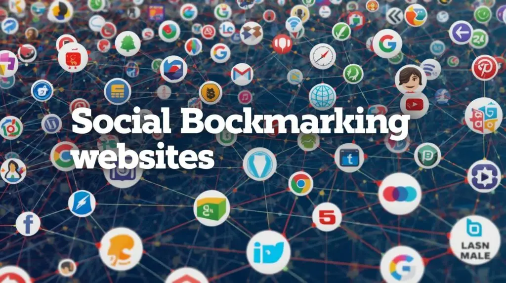 Ek graphic image jo Social Bookmarking Sites List for 2026 ko darshata hai, jisme Facebook, Pinterest, aur Tumblr jaise kai social media icons ek interconnected network ki tarah dikhaye gaye hain.