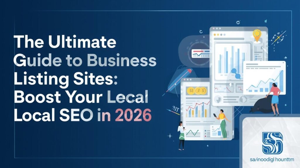 Digital marketing infographic titled "The Ultimate Guide to Business Listing Sites" featuring data visualizations and characters managing online business profiles for 2026 Local SEO.