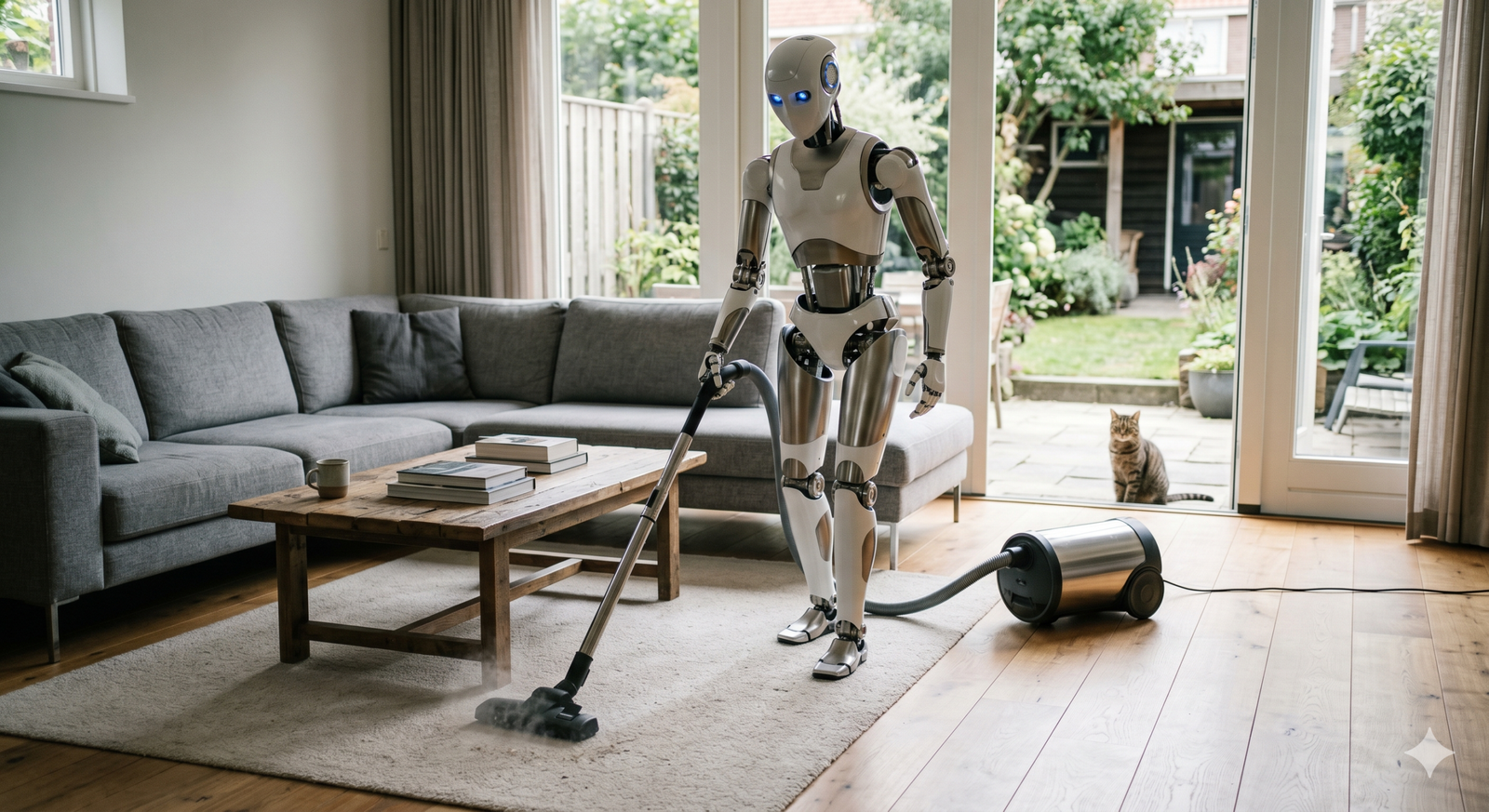 A humanoid robot for cleaning house using a vacuum cleaner in a modern living room.
